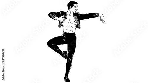 Dynamic male flamenco dancer strikes an elegant pose in traditional Spanish costume outline