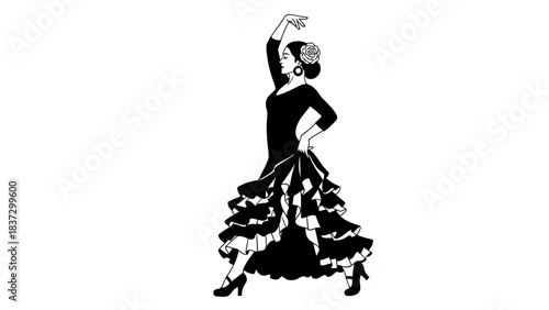 Stunning silhouette of a passionate flamenco dancer performing an elegant pose with a ruffled dress