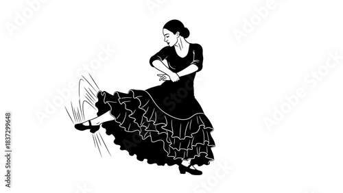 Stunning black and white illustration of an elegant flamenco dancer striking a powerful pose with intense footwork