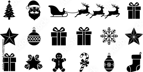 Christmas Vector Icon Set, Background, Black, Isolated. 