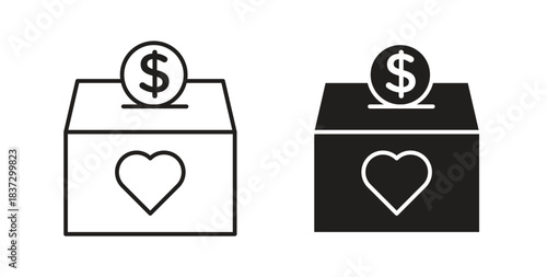 Donation box icons in filled, thin line, outline and strokes