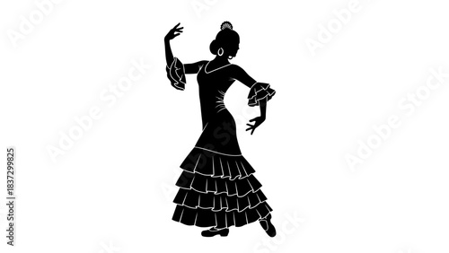Stunning black silhouette of a passionate flamenco dancer executing an elegant, dramatic traditional pose