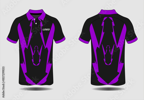 Stylish Black and Purple Sports Polo Design Featuring Dynamic Graphic Elements