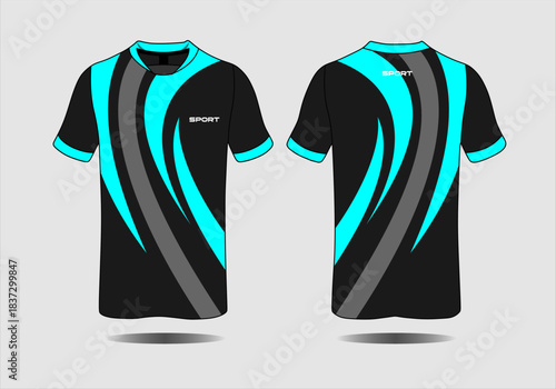 Black and turquoise sport shirt design with dynamic lines and modern style