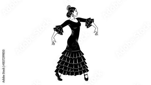 Stunning black and white silhouette of a passionate flamenco dancer in traditional ruffled dress performing gracefully