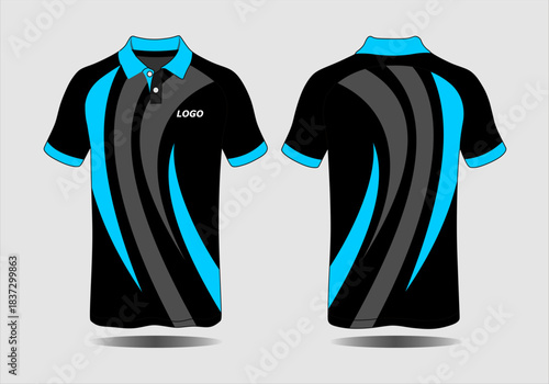 Stylish Black and Blue Polo Shirt Design with Modern Graphic Elements