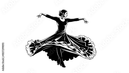 Stunning flamenco dancer strikes a dramatic pose with flowing dress capturing passion and vibrant cultural performance energy