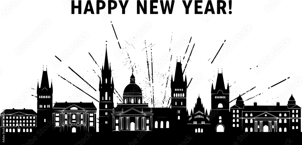 Fototapeta premium Header: Historische Stadtkulisse mit Silvester-Feuerwerk – HAPPY NEW YEAR!.