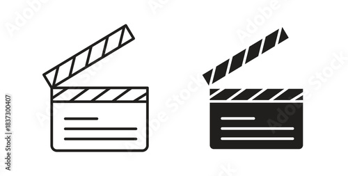 Film clapperboard icons in filled, thin line, outline and strokes