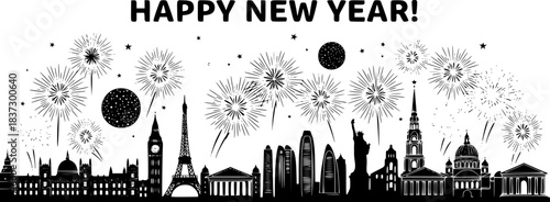 Header: Historische Stadtkulisse mit Silvester-Feuerwerk – HAPPY NEW YEAR!.