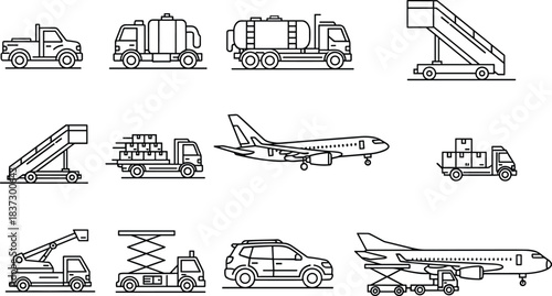 Airport ground support vehicle set, black and white line icons, aircraft, stairways, tankers, loaders, service trucks, aviation logistics concept art