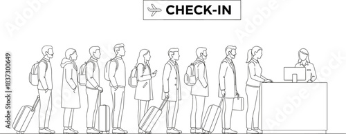 Airport check-in queue illustration, travelers with luggage, counter interaction, flight preparation scene, black and white silhouette concept art