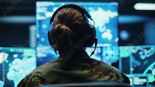 A woman in military uniform wears a headset while facing monitors displaying world maps in a dimly lit room, emphasizing technology and security operations.
