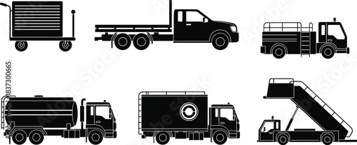 Airport service vehicles, cargo trucks, tanker truck silhouette, aircraft stairs, industrial transport icons, utility trucks, ground support equipment, black vehicle illustrations for aviation 