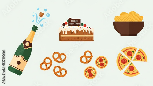 New year celebration food and drink assortment flat illustration