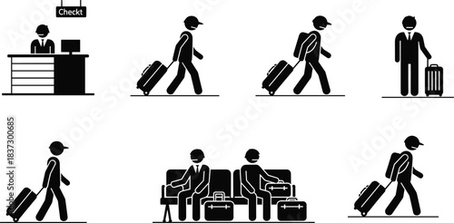 Airport traveler pictogram set, black and white icons, check-in, walking, waiting, luggage handling, minimal air travel process concept art