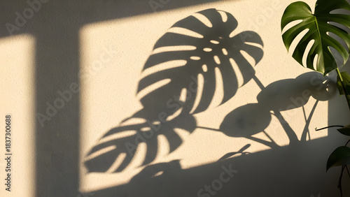 Stunning golden hour sunlight casts dramatic shadows of a vibrant Monstera leaf against a textured wall