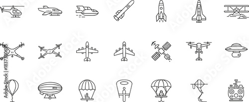 Aviation and aircraft icons, drone illustrations, space exploration symbols, rocket and satellite line art, flying vehicle icon set, modern aerospace outline graphics