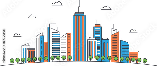 City skyline illustration, modern high-rise buildings, blue and orange architecture, green trees, cartoon clouds, minimal urban development concept art