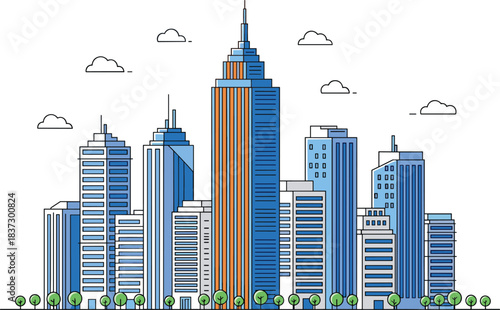 City skyline illustration, modern high-rise buildings, colorful architecture, spire tower, urban trees, cartoon clouds, stylized metropolitan concept art