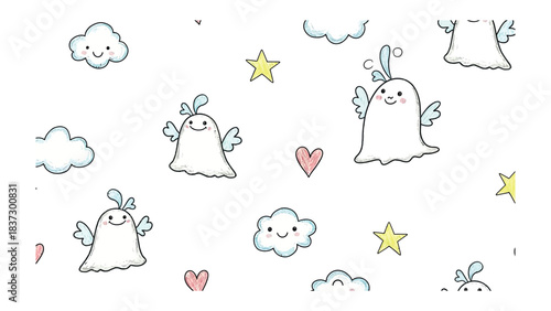 Cute Pattern with Smiling Ghost and Angel Wings: A whimsical pattern featuring adorable cartoon ghosts, each adorned with angel wings, stars, hearts, and fluffy clouds.