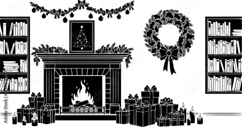 Festive black and white vector art with candles books fireplace logs framed christmas tree gifts garland wreath and holiday ornaments in minimalist silhouette style.