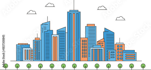 City skyline illustration, modern high-rise buildings, spire and antenna architecture, urban trees, stylized clouds, blue and orange metropolitan concept art