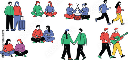 Couples and friends illustration, people sitting, walking, traveling, playing music, running, flat design characters, diverse activities, modern lifestyle vector art collection