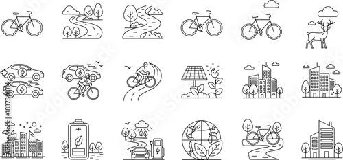 "Eco friendly transportation and sustainability icons featuring bicycles electric cars green energy cityscape renewable power nature conservation and clean environment line art illustration set"