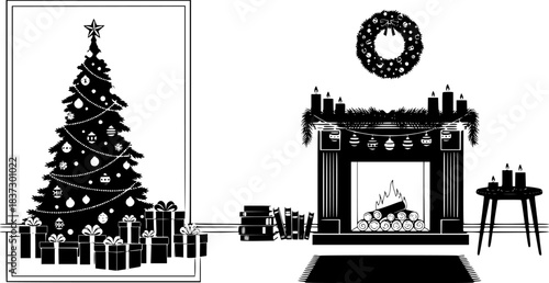 Festive black and white vector art with candles books fireplace logs framed christmas tree gifts garland wreath and holiday ornaments in minimalist silhouette style.