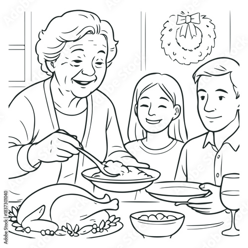 Grandmother Serving Holiday Dinner to Family