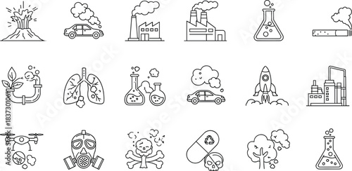 Environmental pollution icons, toxic chemical symbols, air quality illustrations, industrial emissions graphics, ecological danger elements, smoke contamination signs, hazardous waste concepts, 