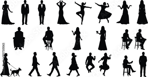 Elegant human silhouettes, dancing poses, walking figures, seated people, formal fashion, evening gowns, tuxedo shapes, diverse actions, isolated black silhouettes on white background 