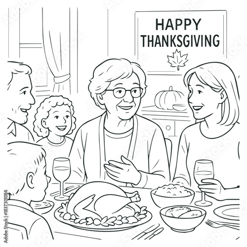 Happy Thanksgiving Family Dinner Coloring Page with Grandmother and Turkey