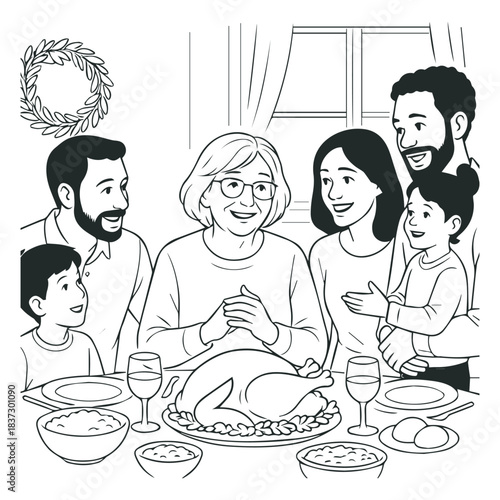 Joyful Family Holiday Dinner Gathering Line Art