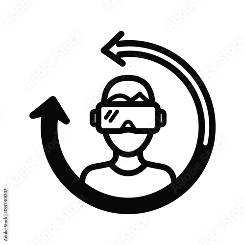 Person wearing virtual reality headset with circular arrow icon vector