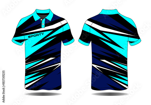 Sporty Blue and Black Polo Shirt Design with Dynamic Patterns and Colors