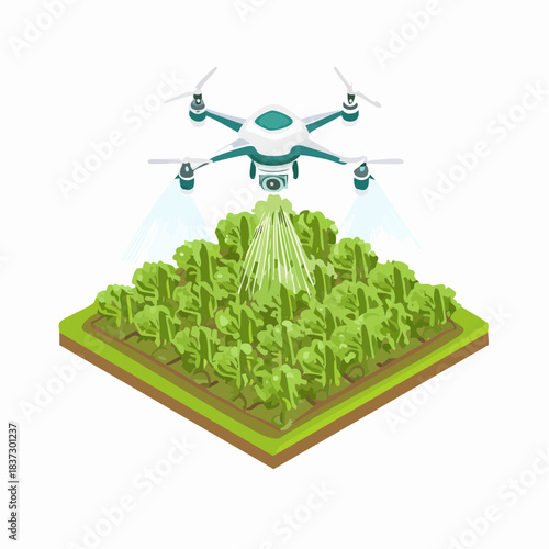 Isometric vector illustration of agricultural drone spraying green crop field showing smart farming technology and precision agriculture automation on white background