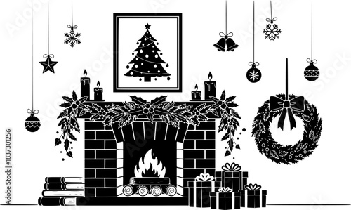 Festive black and white vector art with candles books fireplace logs framed christmas tree gifts garland wreath and holiday ornaments in minimalist silhouette style.