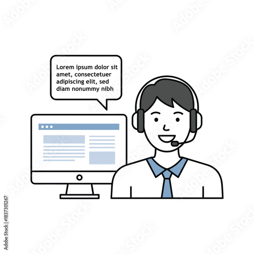 Smiling man with headset and computer screen with text bubble speech bubble