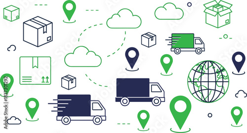 Global delivery logistics illustration, shipping trucks, package icons, location pins, cloud routing, worldwide transportation, supply chain tracking, fast shipping concept, modern distribution 