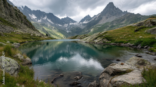 Serene alpine lake reflecting majestic snow capped mountains under a dramatic cloudy sky in the French Alps provides an idyllic nature scene panorama.