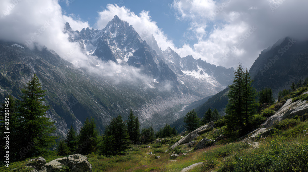 Obraz premium Majestic mountain peaks shrouded in clouds rise above a verdant valley dotted with evergreen trees, showcasing the breathtaking scenery of the Alps mountains.
