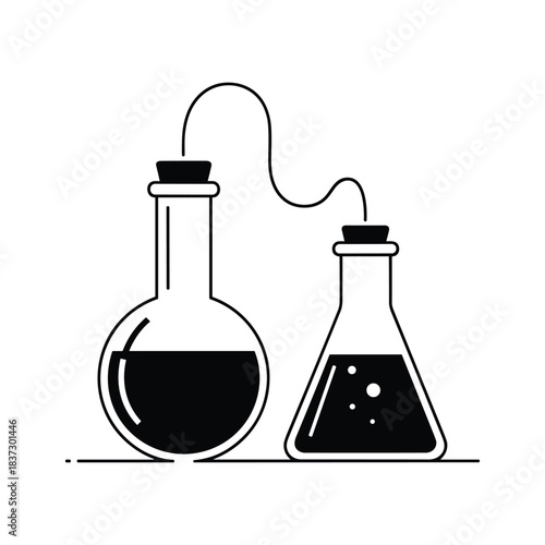 Two laboratory flasks connected by a tube with liquid science chemistry