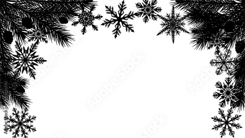 Black silhouette snowflakes and pine branches frame with copyspace, festive winter holiday and seasonal decoration. white background black colored sillhouette vector