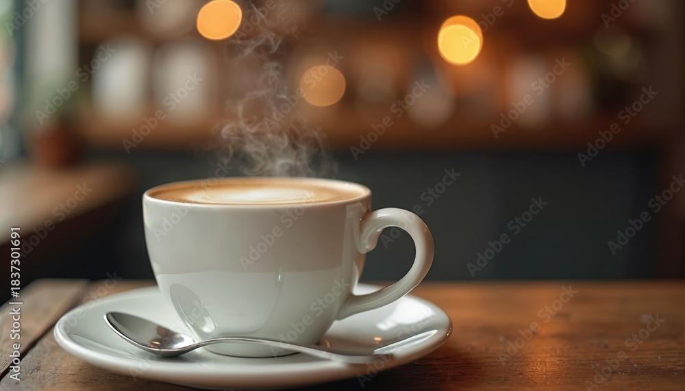 Obraz premium White cup of hot steaming latte coffee on wooden table next to spoon. Bokeh background lights suggest cozy cafe atmosphere, perfect for morning or break time.