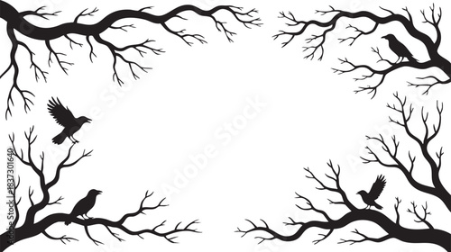 Vector illustration with silhouettes of crooked branches and flying crows with copy space in the middle on white background
