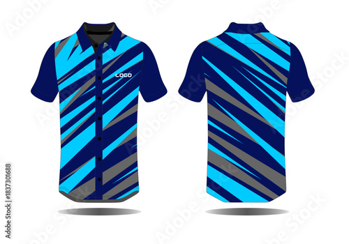 Striped Blue and Gray Short Sleeve Shirt with Modern Design and Logo Placement