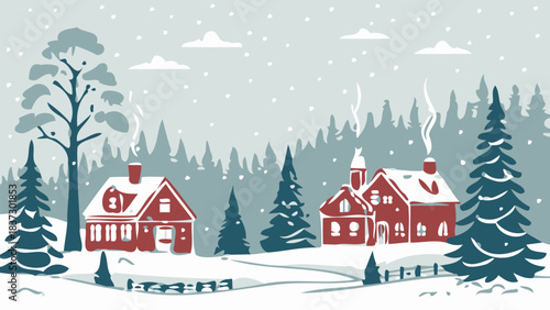 Charming cozy winter village scene with red cabins nestled in snowy forest under falling snow