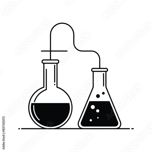 Black and white illustration of two connected laboratory flasks with liquid science chemistry